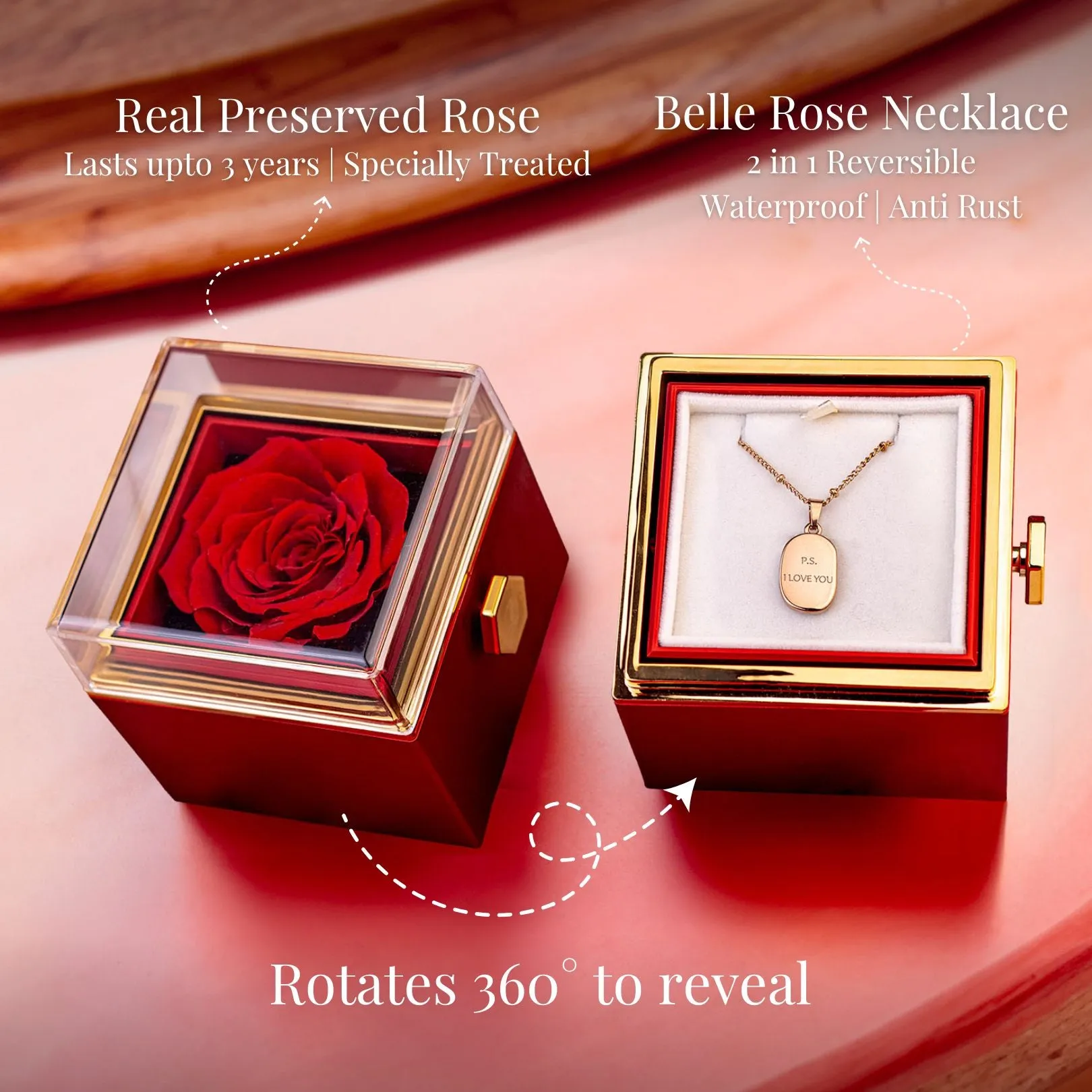 Rotating Rose Preserved Rose Jewellery Box With Necklaces