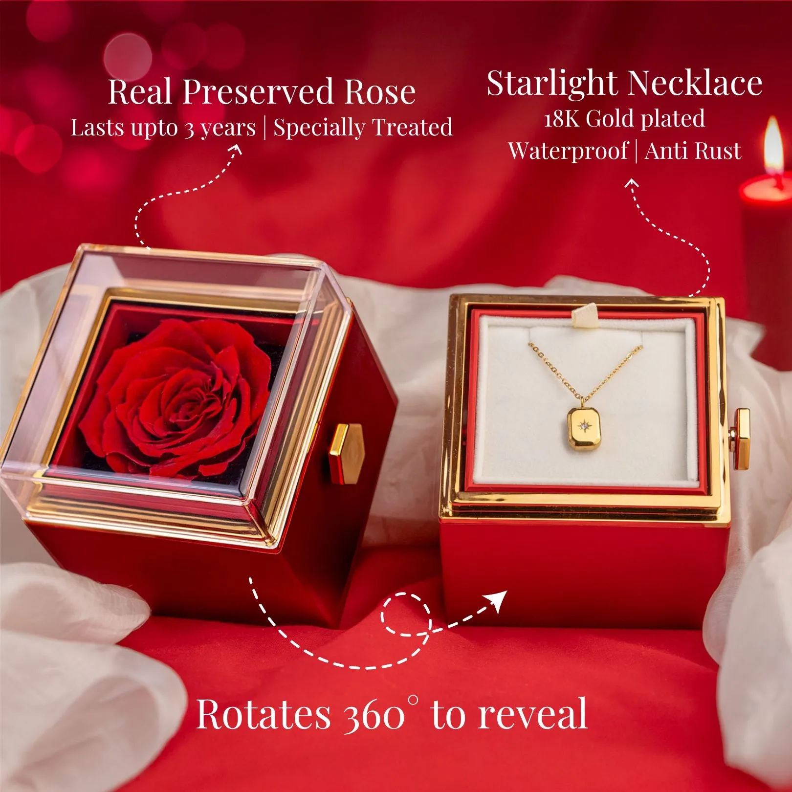 Rotating Rose Preserved Rose Jewellery Box With Necklaces
