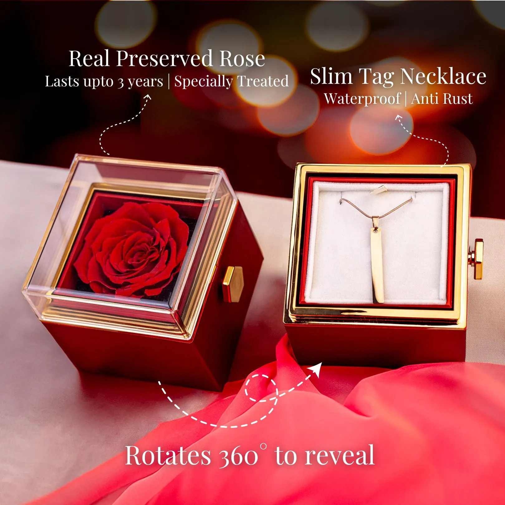 Rotating Rose Preserved Rose Jewellery Box With Necklaces