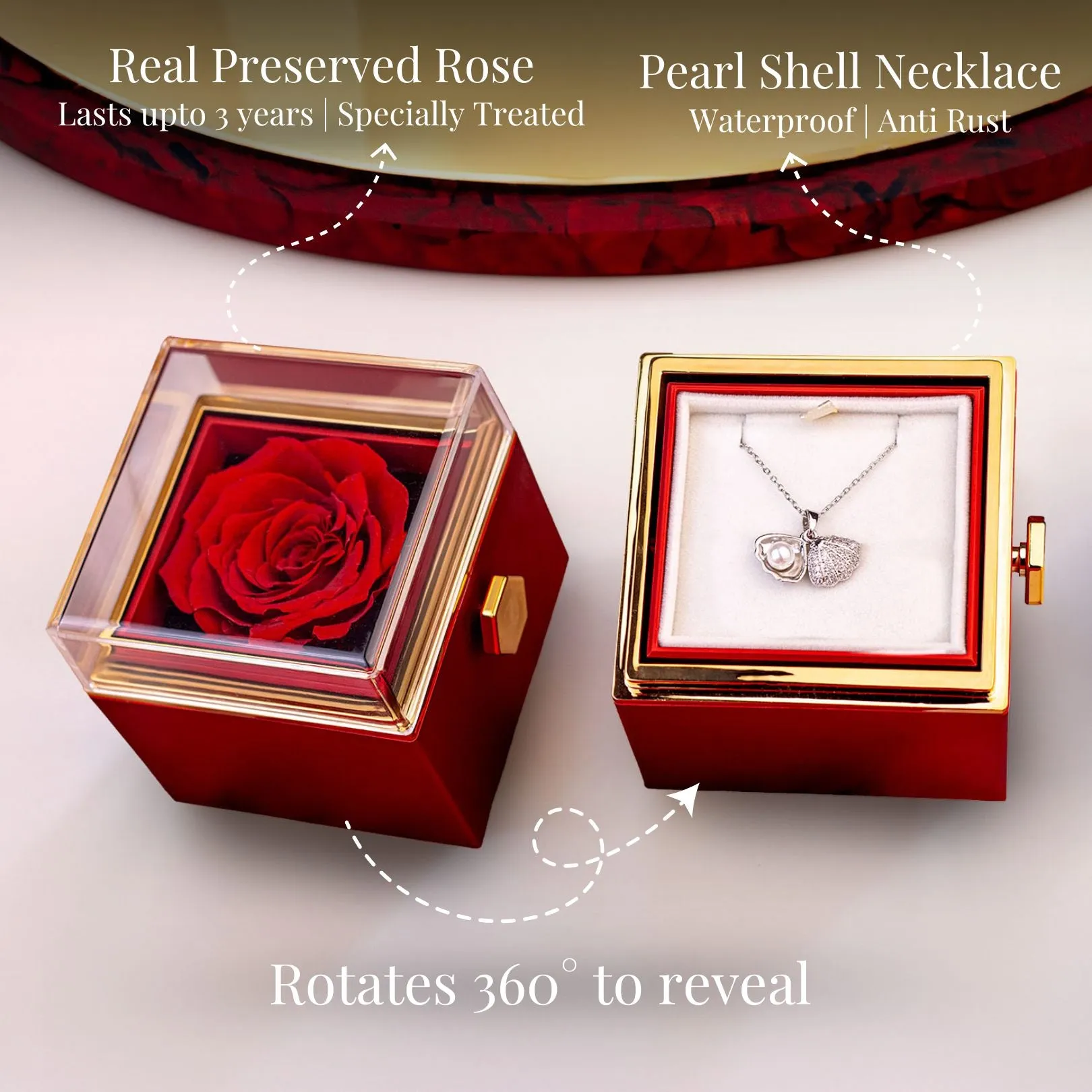 Rotating Rose Preserved Rose Jewellery Box With Necklaces