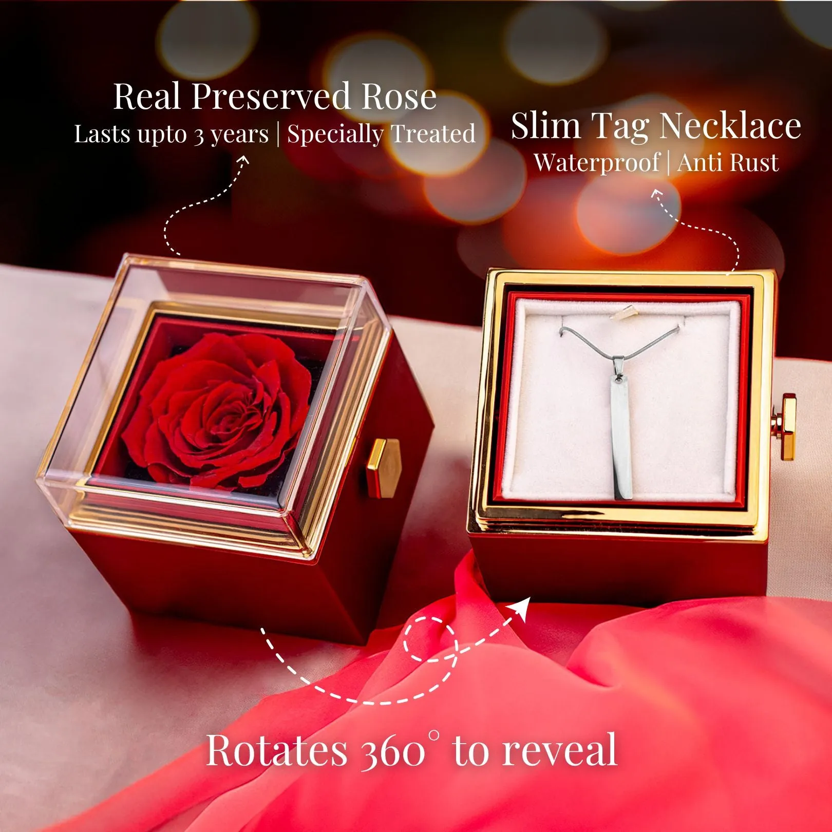 Rotating Rose Preserved Rose Jewellery Box With Necklaces