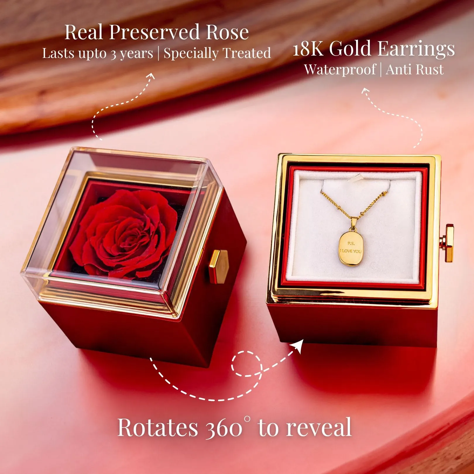Rotating Rose Preserved Rose Jewellery Box With Necklaces