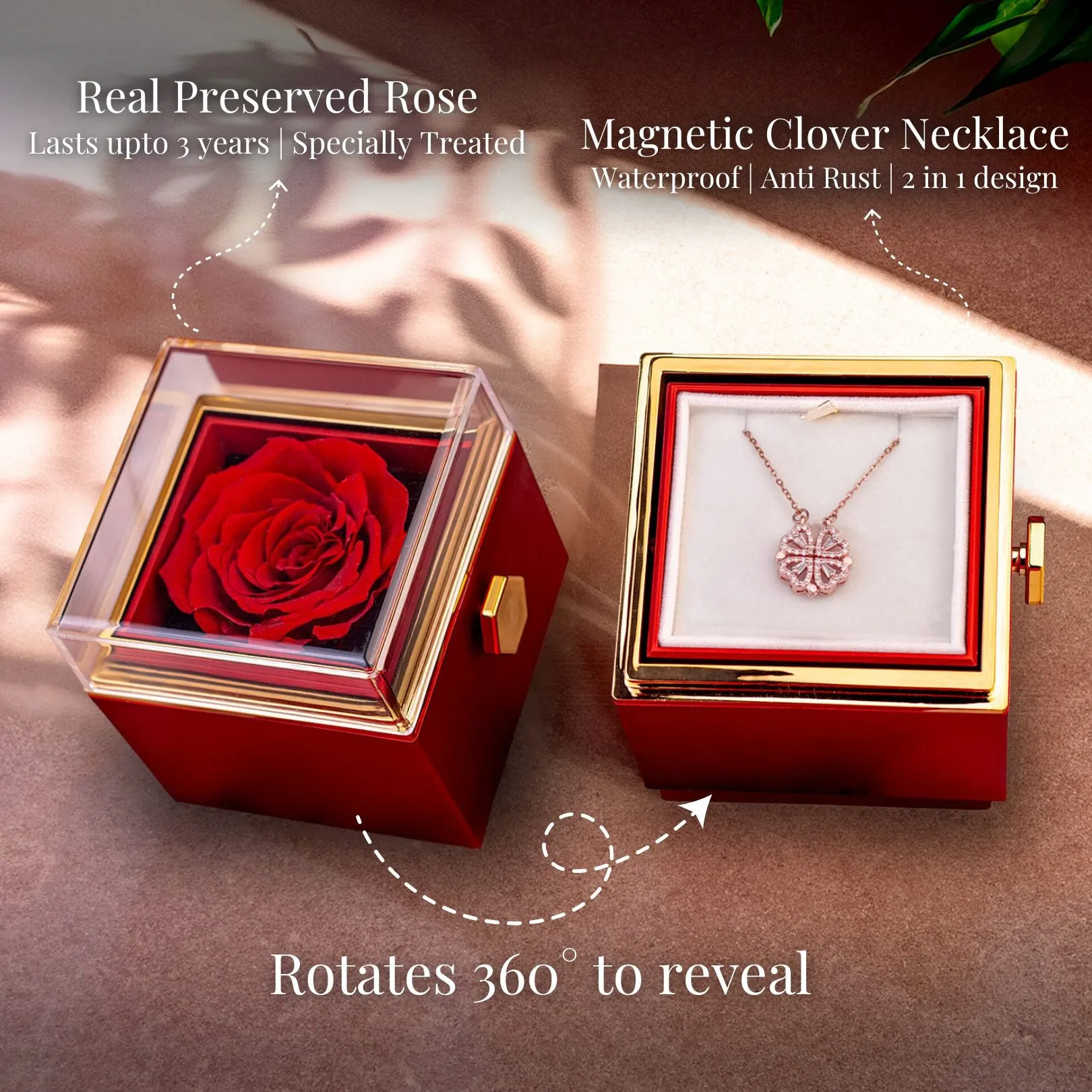 Rotating Rose Preserved Rose Jewellery Box With Necklaces