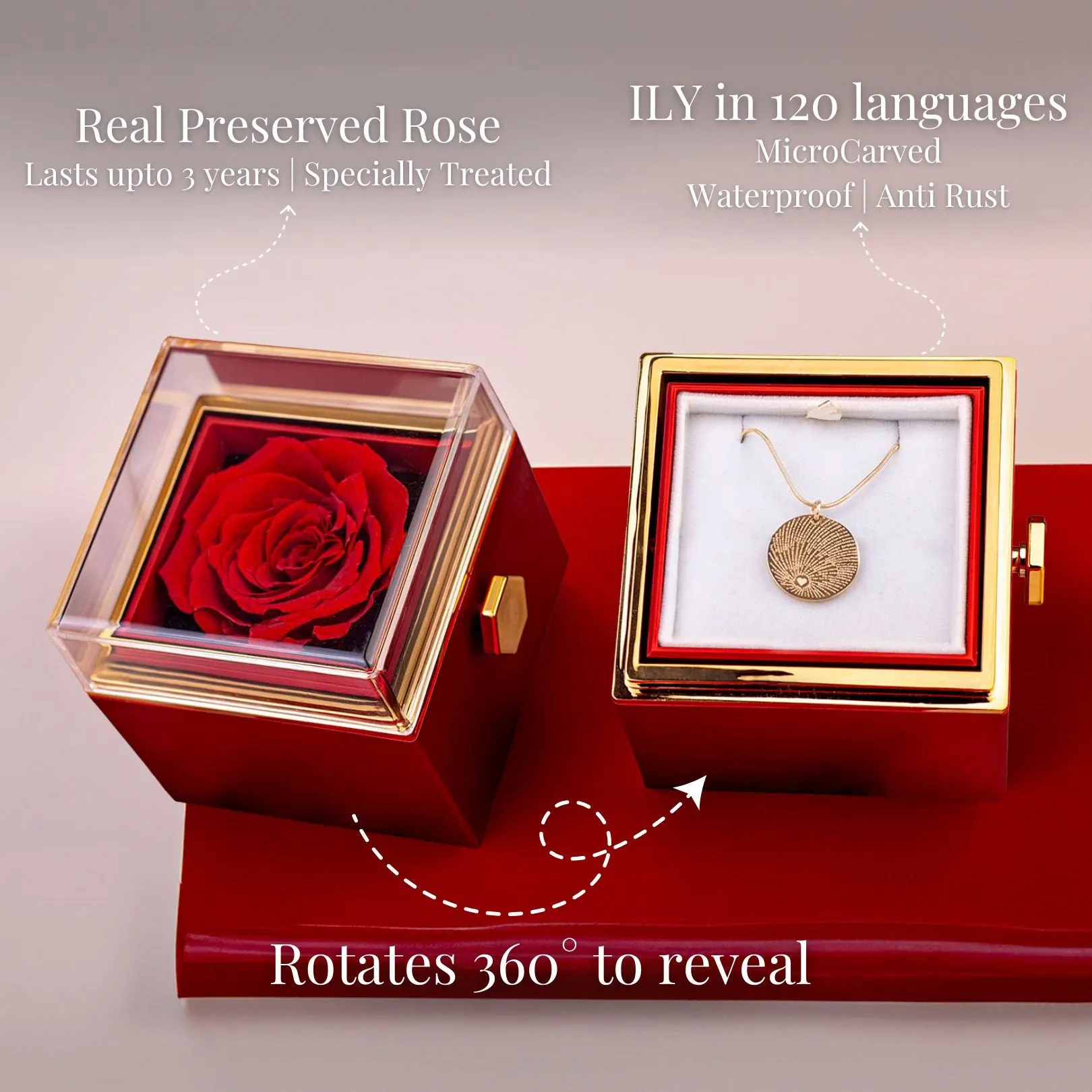 Rotating Rose Preserved Rose Jewellery Box With Necklaces