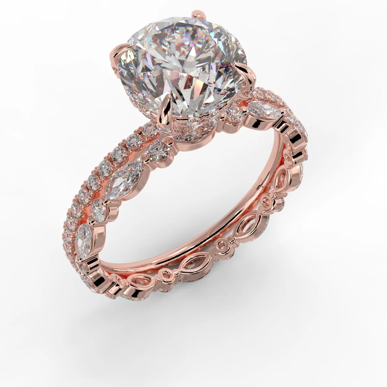 Round Brilliant Cut Hidden Halo Pave Band Engagement Ring Bridal Set - 404