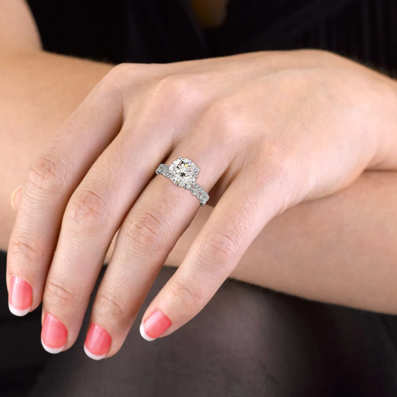 Round Brilliant Cut Hidden Halo Pave Band Engagement Ring Bridal Set - 404