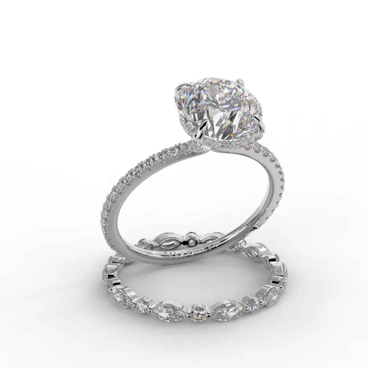 Round Brilliant Cut Hidden Halo Pave Band Engagement Ring Bridal Set - 404