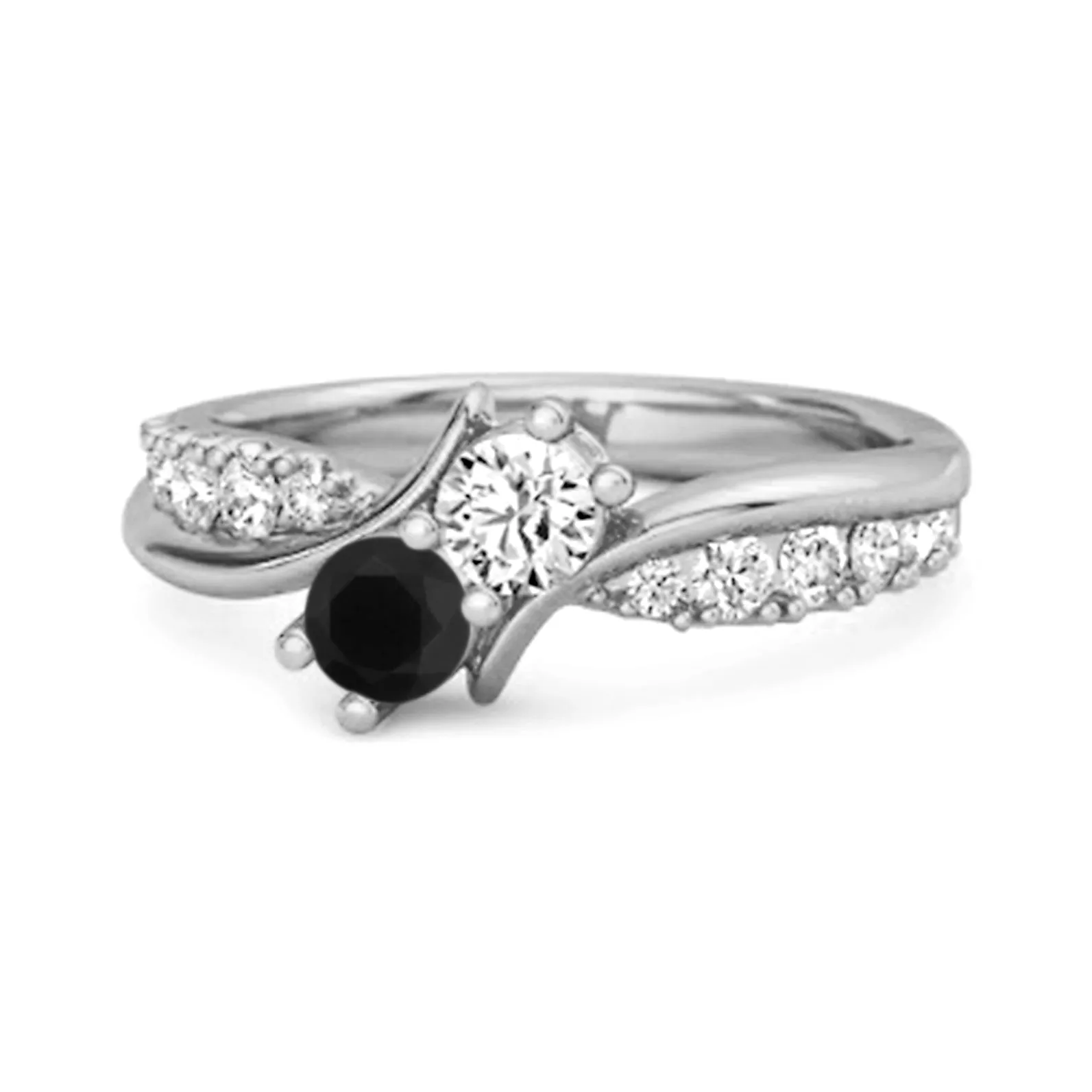 Round Cut Black Spinel Two Stone Swirl 925 Silver Anniversary Ring