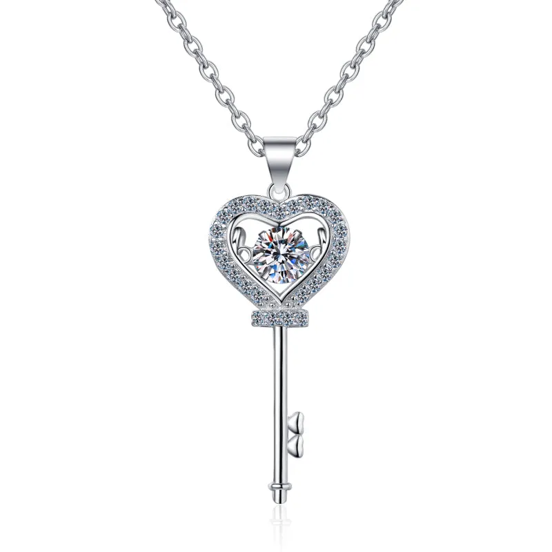 Round Cut Moissanite Diamond Key Heart Dancing Pendant Necklace
