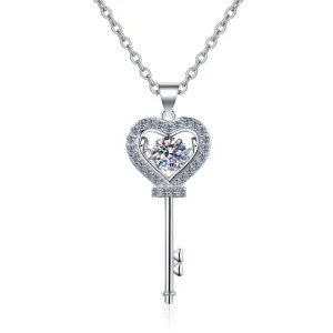 Round Cut Moissanite Diamond Key Heart Dancing Pendant Necklace