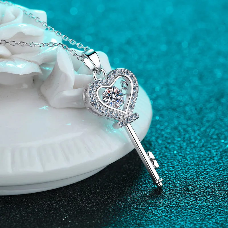 Round Cut Moissanite Diamond Key Heart Dancing Pendant Necklace