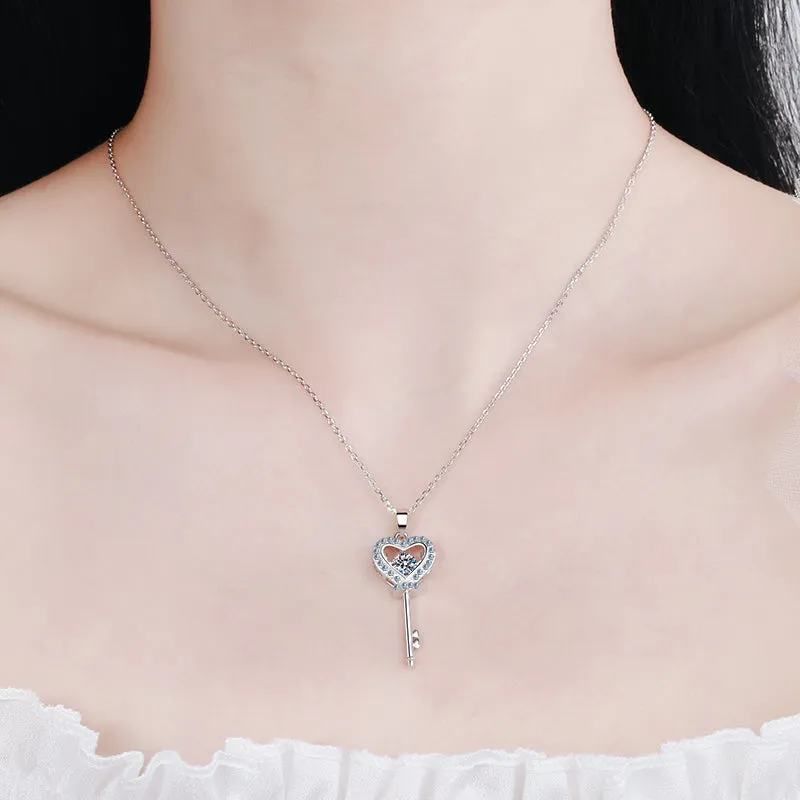 Round Cut Moissanite Diamond Key Heart Dancing Pendant Necklace