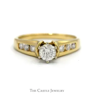 Round Diamond Solitaire Engagement Ring with Channel Set Diamond Accents in 14k Yellow Gold