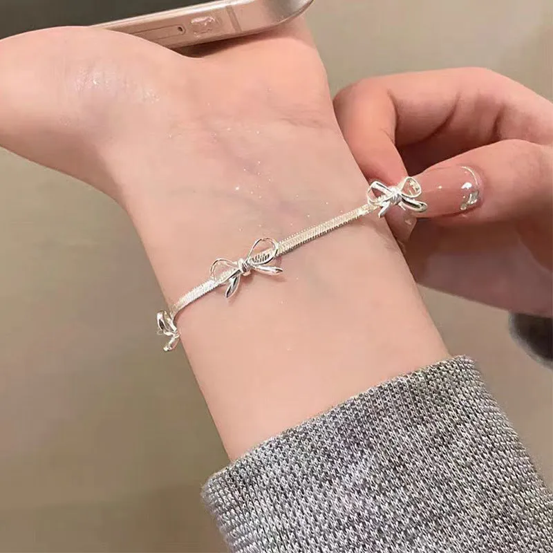 S925 Silver Snake Bone Chain Bowknot Bracelet