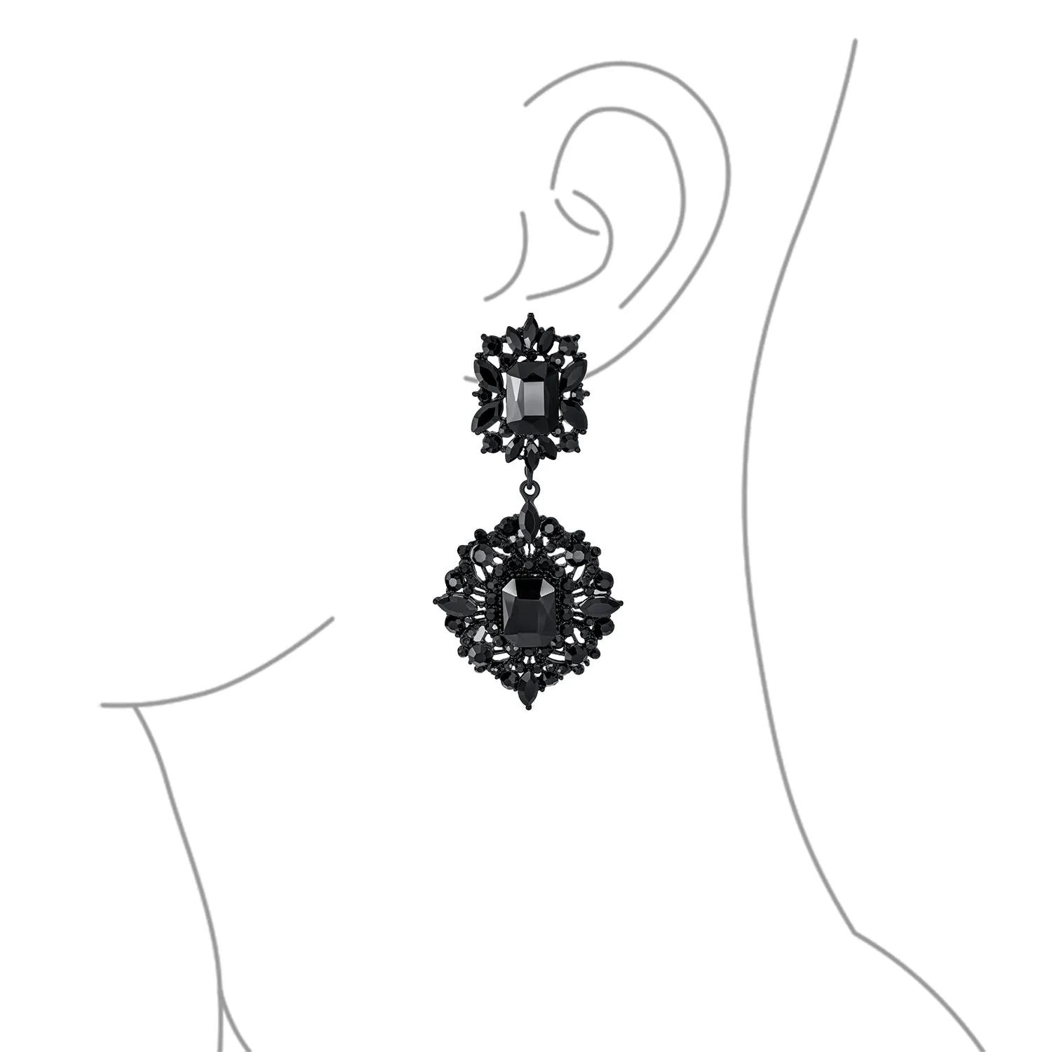 Set of 2 Big Crystal Art Deco Purple and Black Dangle Earrings Black Plated