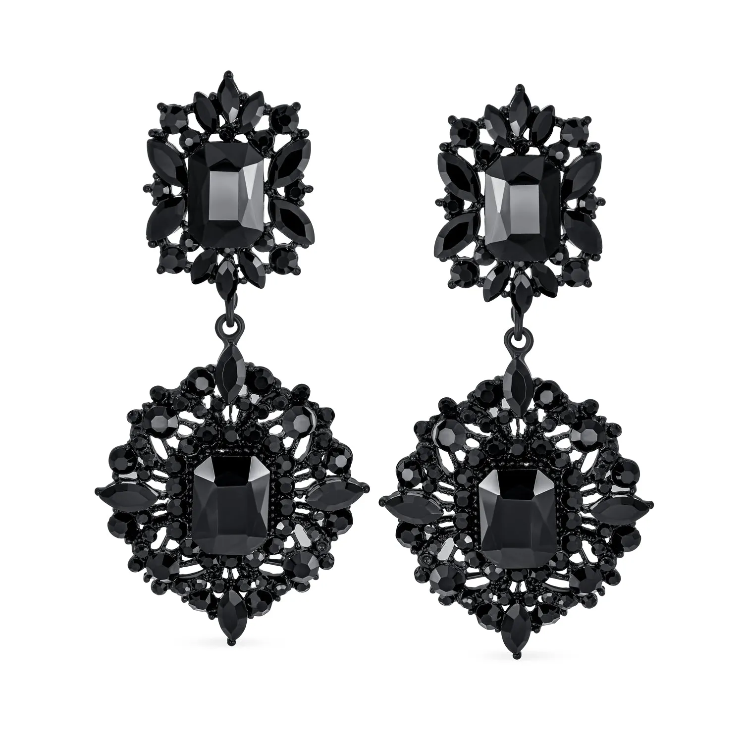 Set of 2 Big Crystal Art Deco Purple and Black Dangle Earrings Black Plated