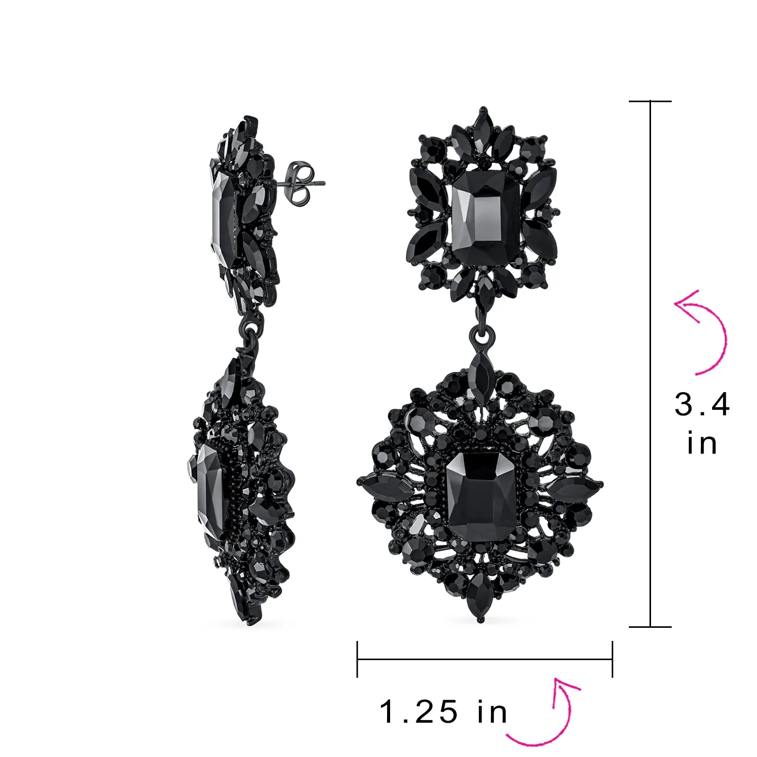 Set of 2 Big Crystal Art Deco Purple and Black Dangle Earrings Black Plated