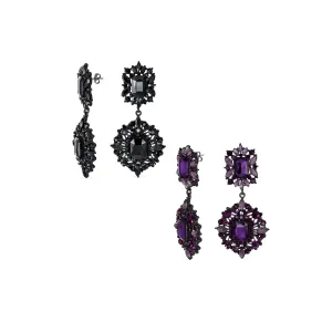 Set of 2 Big Crystal Art Deco Purple and Black Dangle Earrings Black Plated