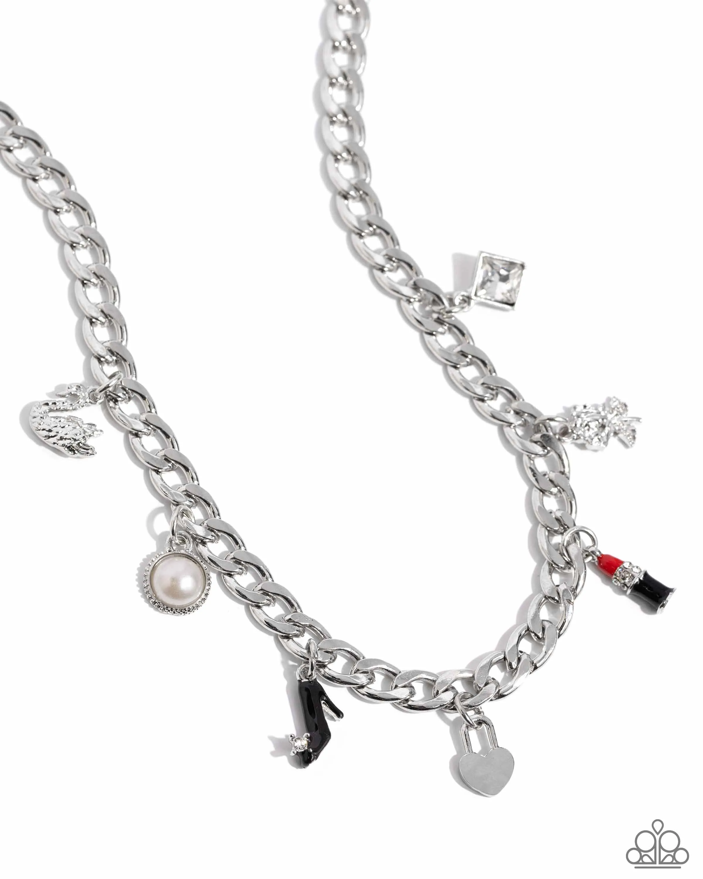 Shopaholic Slay - Red - High Heel, Lipstick, Rose, Swan Charm Paparazzi Short Necklace - July 2024 Life of the Party Exclusive