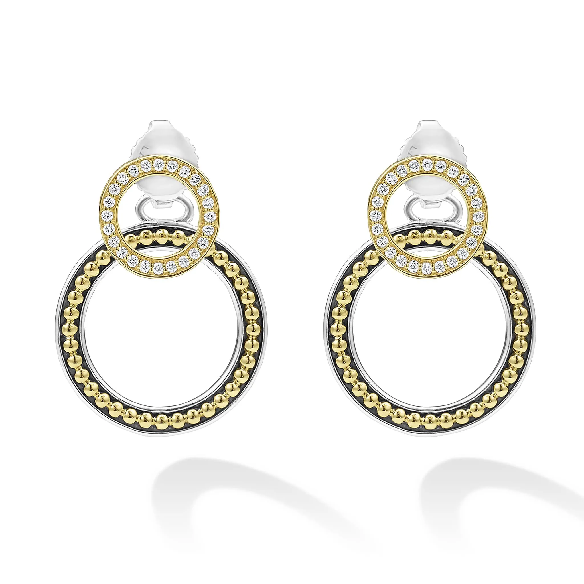 Signature Caviar Double Circle Diamond Drop Earrings
