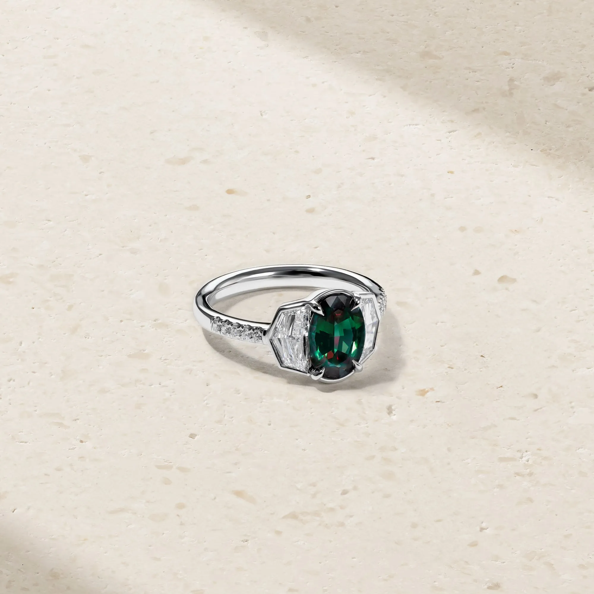 Silky Three Stone Alexandrite and Diamond Ring