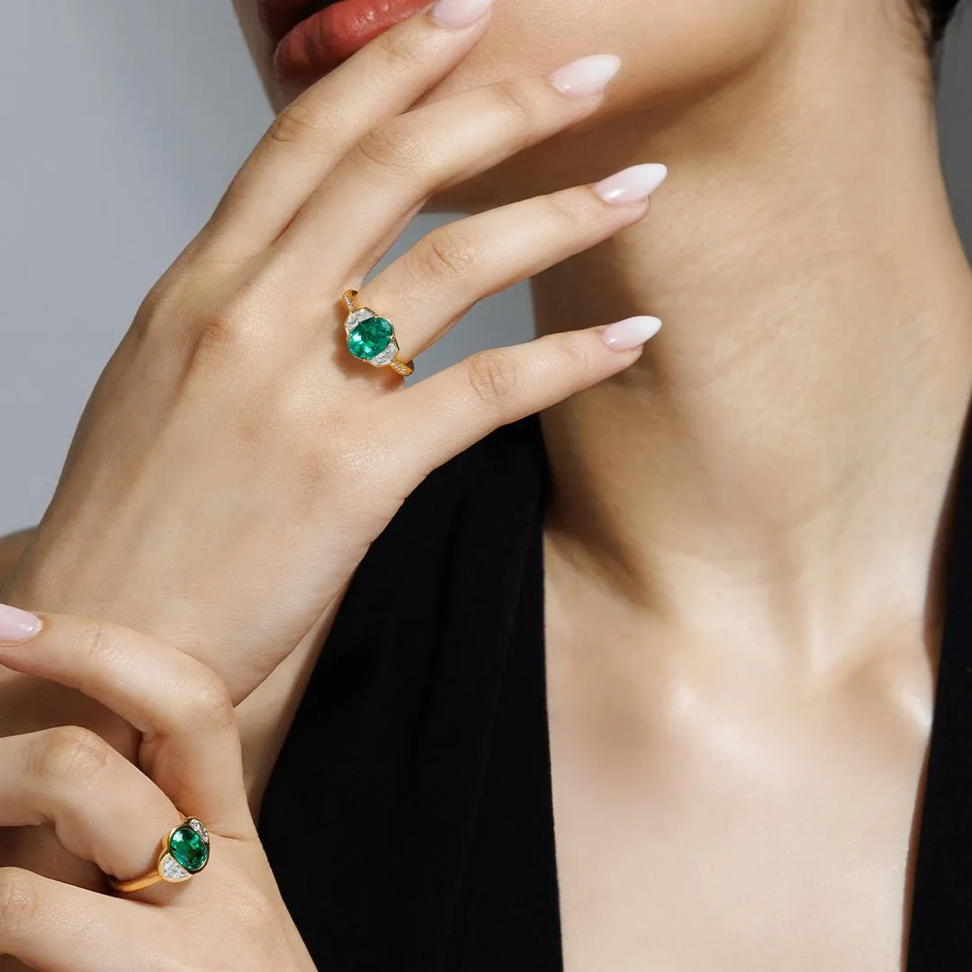 Silky Three Stone Emerald and Diamond Ring