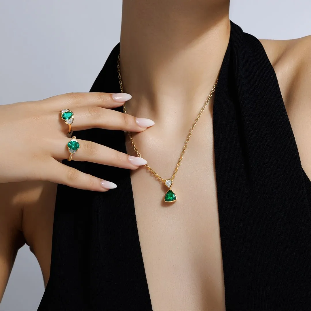 Silky Three Stone Emerald and Diamond Ring