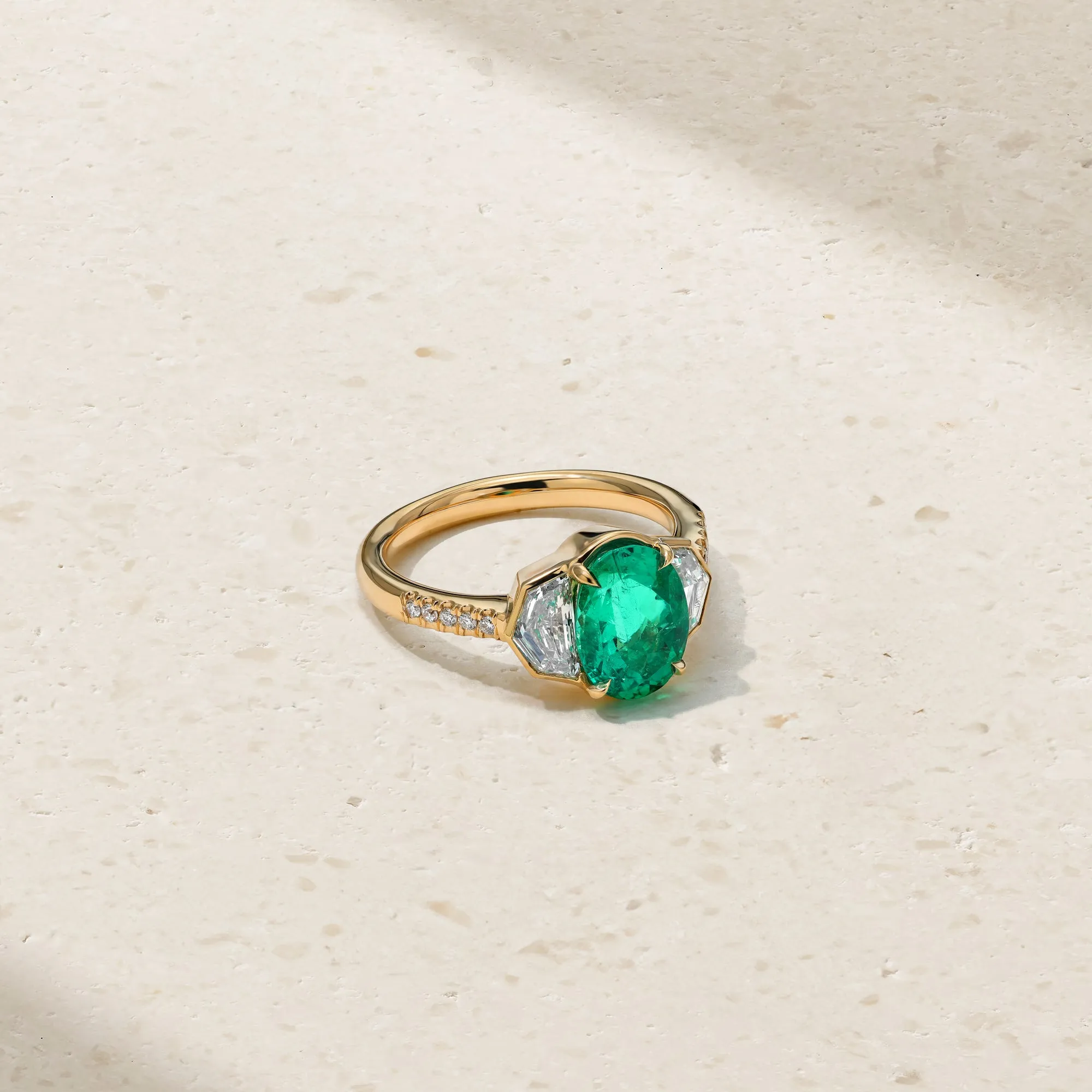 Silky Three Stone Emerald and Diamond Ring