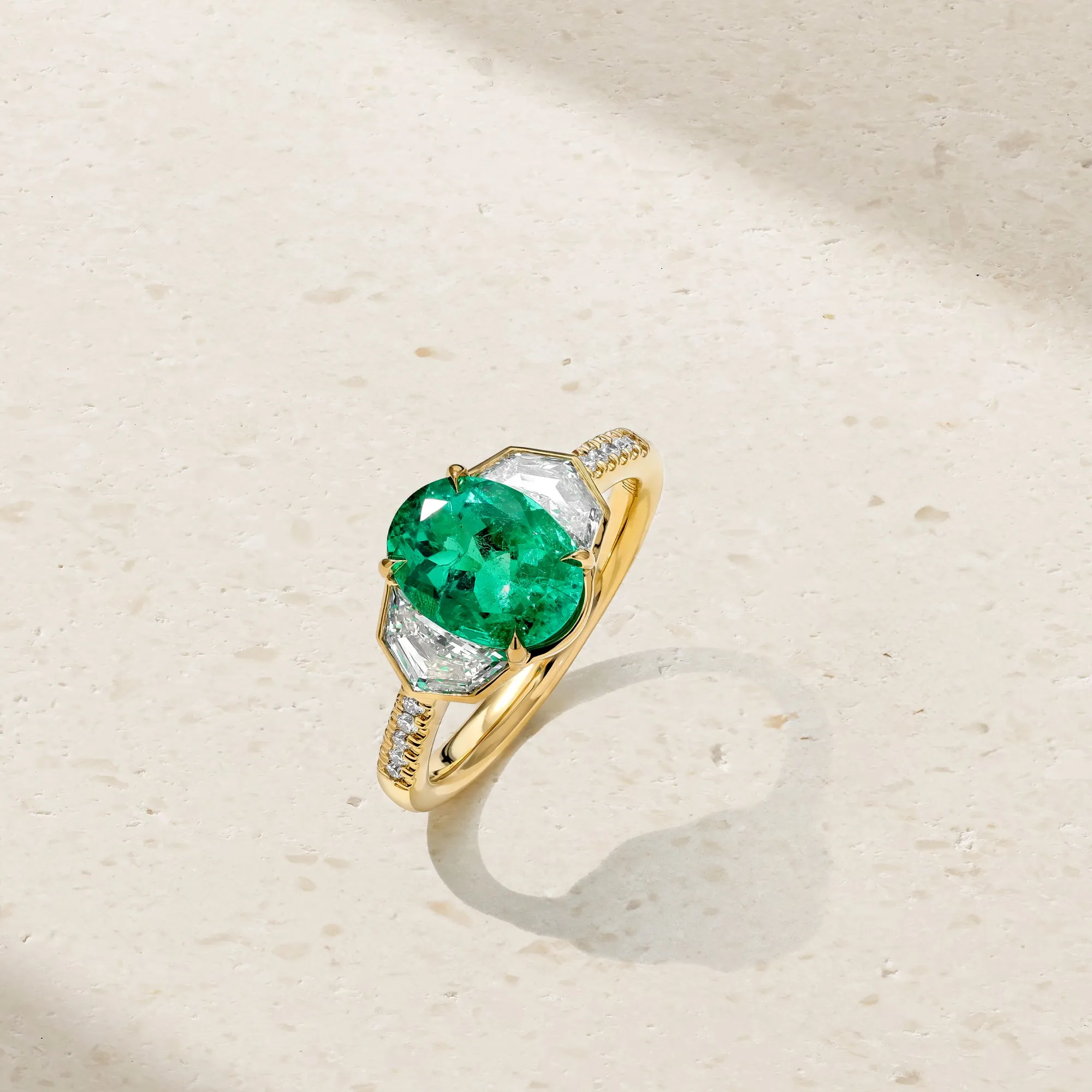 Silky Three Stone Emerald and Diamond Ring