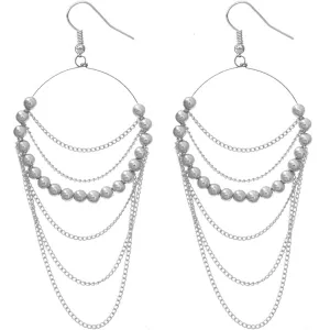 Silver Beaded Drop Chain Hoop Earrings