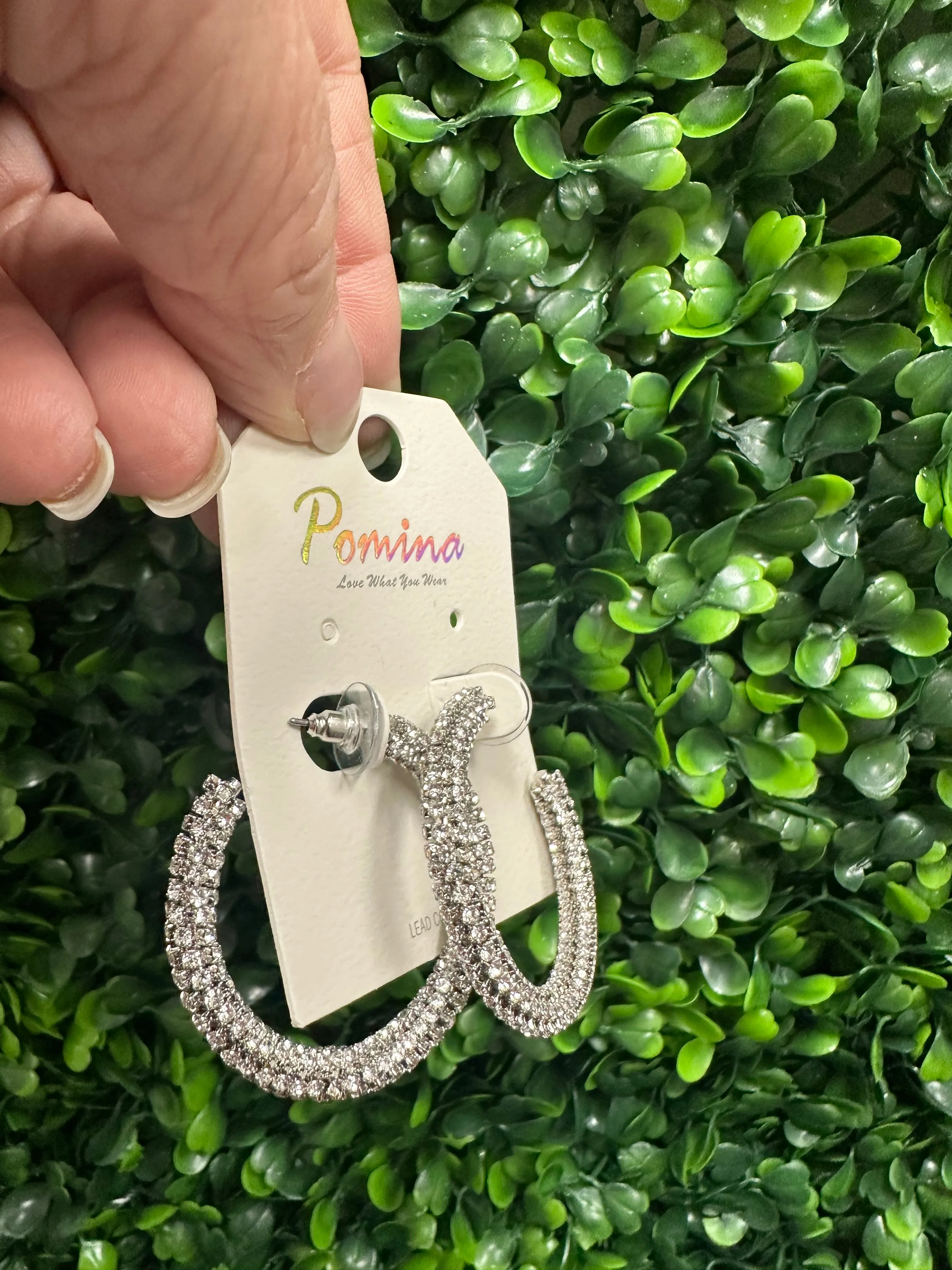 SILVER CRYSTAL HOOP EARRINGS 1.7"
