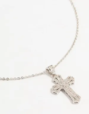 Silver Plated Mini Radiant Cubic Zirconia Cross Necklace