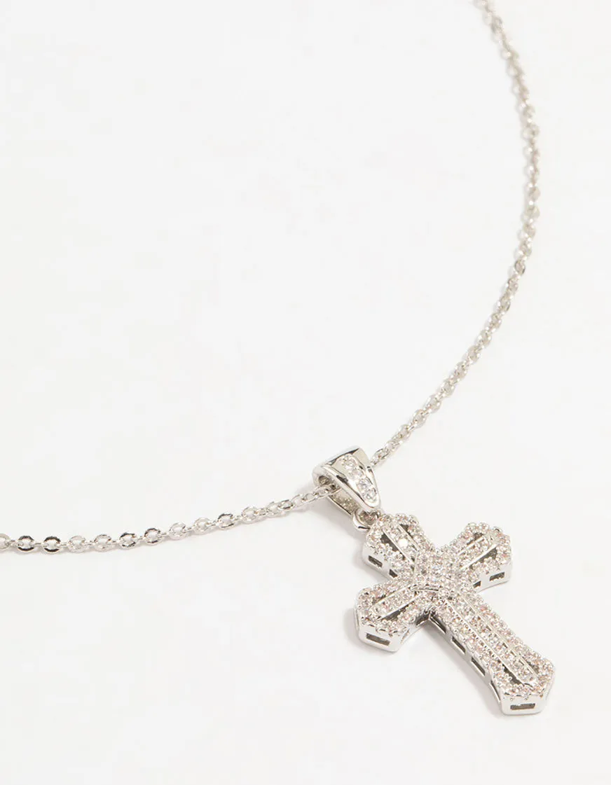 Silver Plated Mini Radiant Cubic Zirconia Cross Necklace