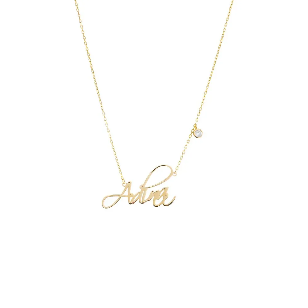 Solid Script Name X CZ Bezel Necklace