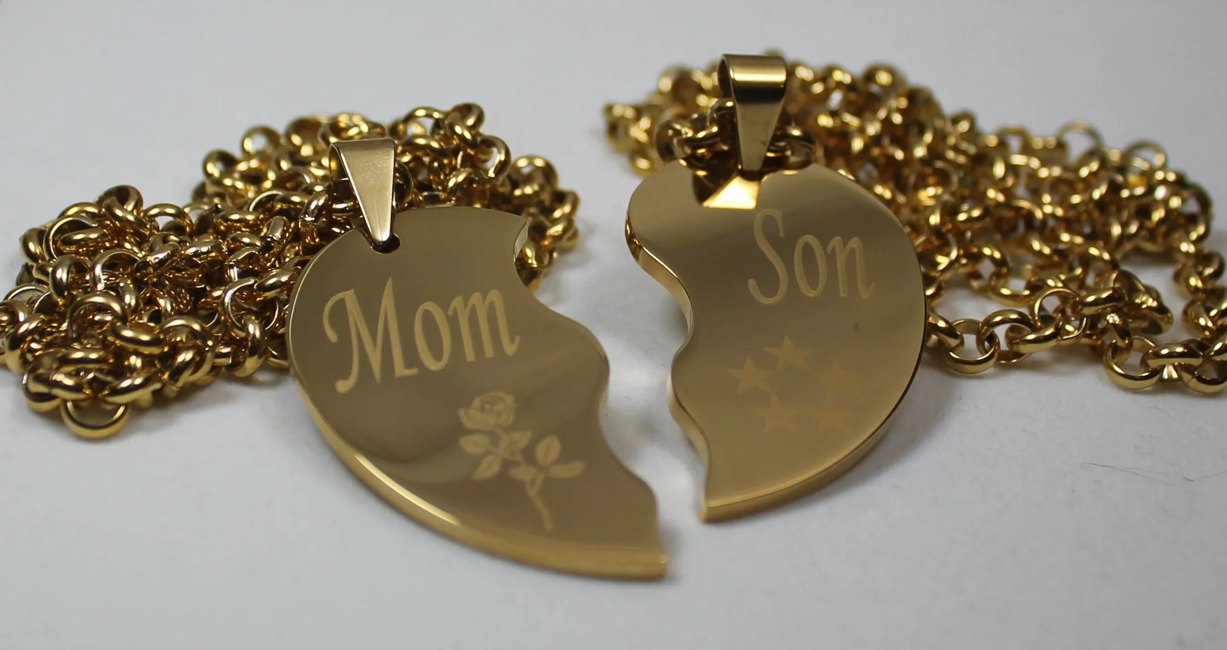 SPLIT HEART NECKLACE SOLID STAINLESS MOM SON IPG GOLD PLATED THICK PENDANTS