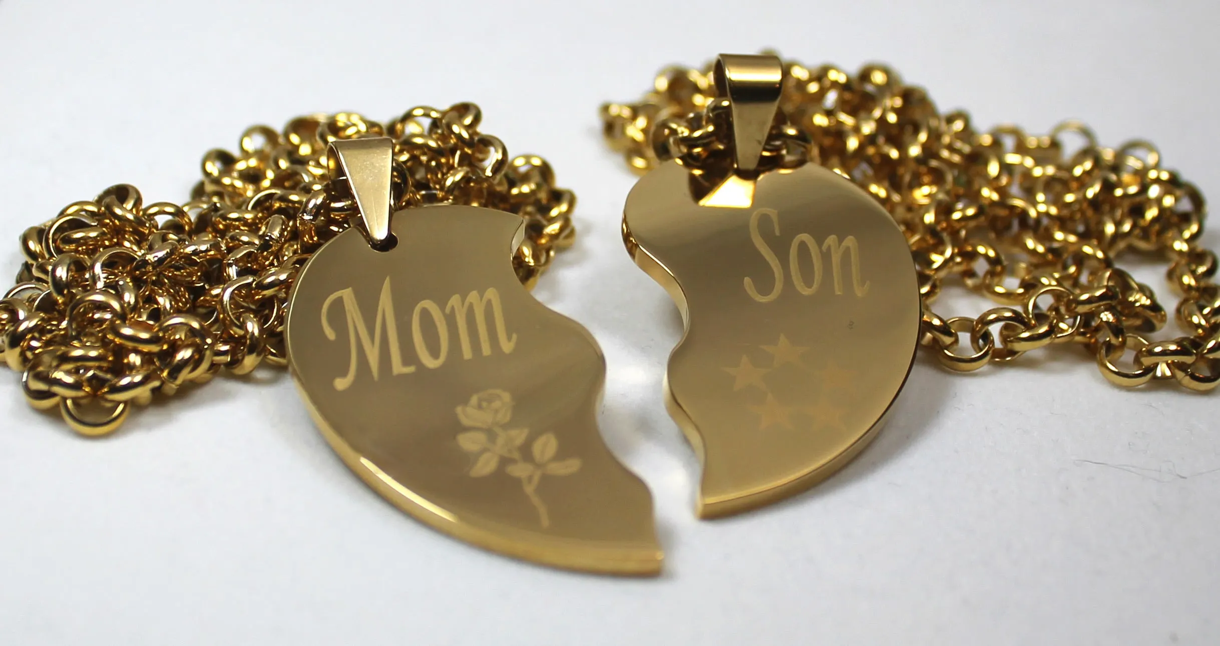 SPLIT HEART NECKLACE SOLID STAINLESS MOM SON IPG GOLD PLATED THICK PENDANTS