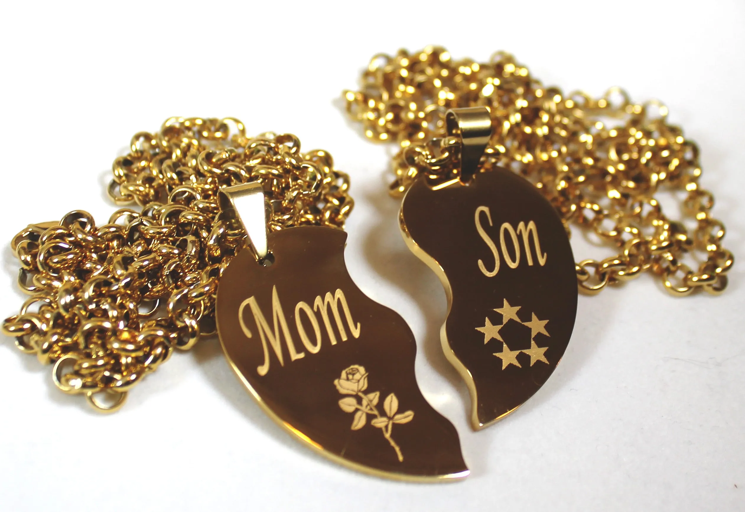 SPLIT HEART NECKLACE SOLID STAINLESS MOM SON IPG GOLD PLATED THICK PENDANTS