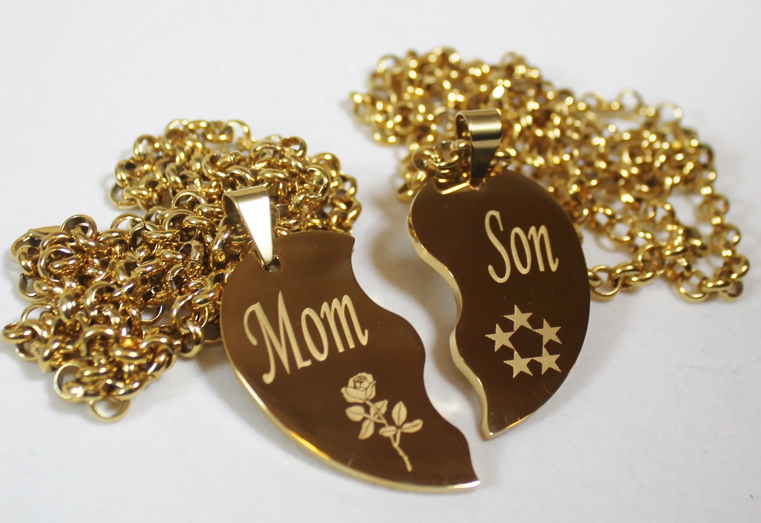 SPLIT HEART NECKLACE SOLID STAINLESS MOM SON IPG GOLD PLATED THICK PENDANTS