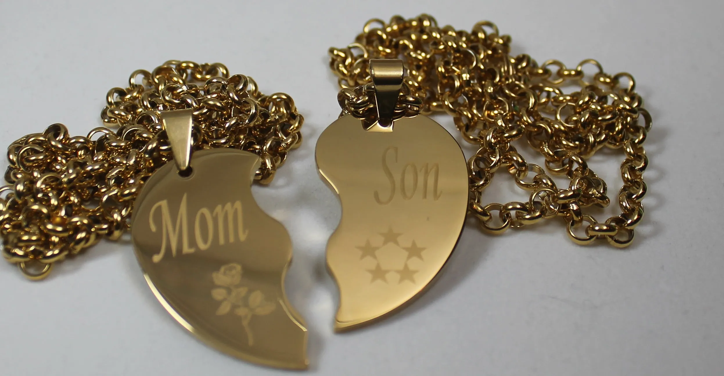 SPLIT HEART NECKLACE SOLID STAINLESS MOM SON IPG GOLD PLATED THICK PENDANTS