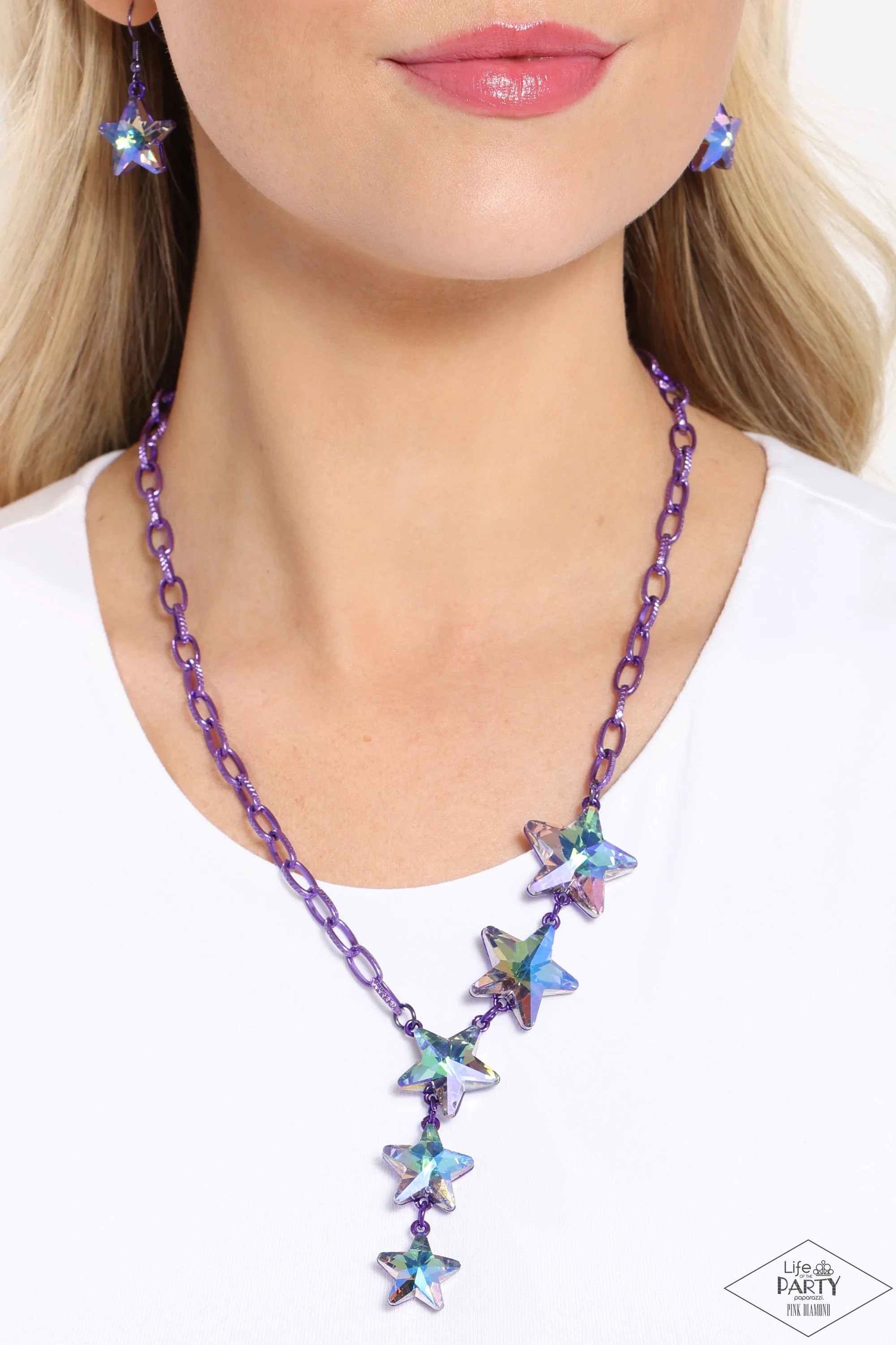 Star-Crossed Sparkle - Purple - Metallic Chain Oil Spill Star Gem Paparazzi Short Necklace - Pink Diamond Exclusive
