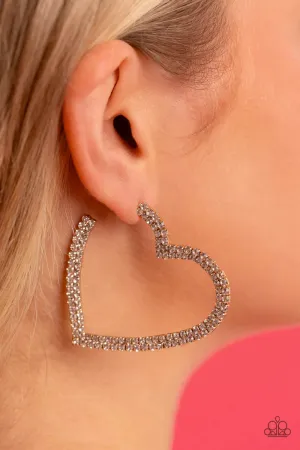 Sweetheart Sequence - Gold - White Rhinestone Heart Paparazzi Hoop Earrings - Selfie September 2023 Exclusive