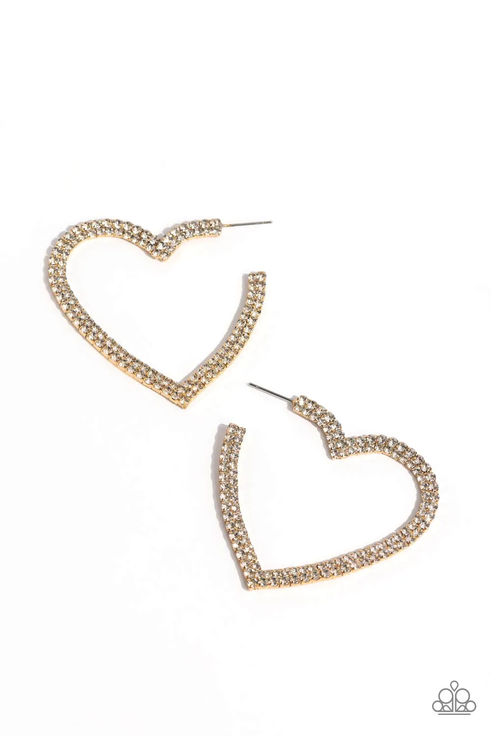 Sweetheart Sequence - Gold - White Rhinestone Heart Paparazzi Hoop Earrings - Selfie September 2023 Exclusive