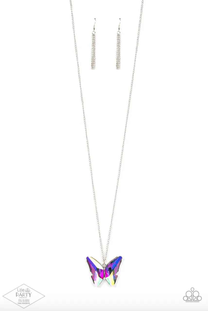 The Social Butterfly Effect - Multi - Iridescent Paparazzi Long Necklace - Pink Diamond Exclusive