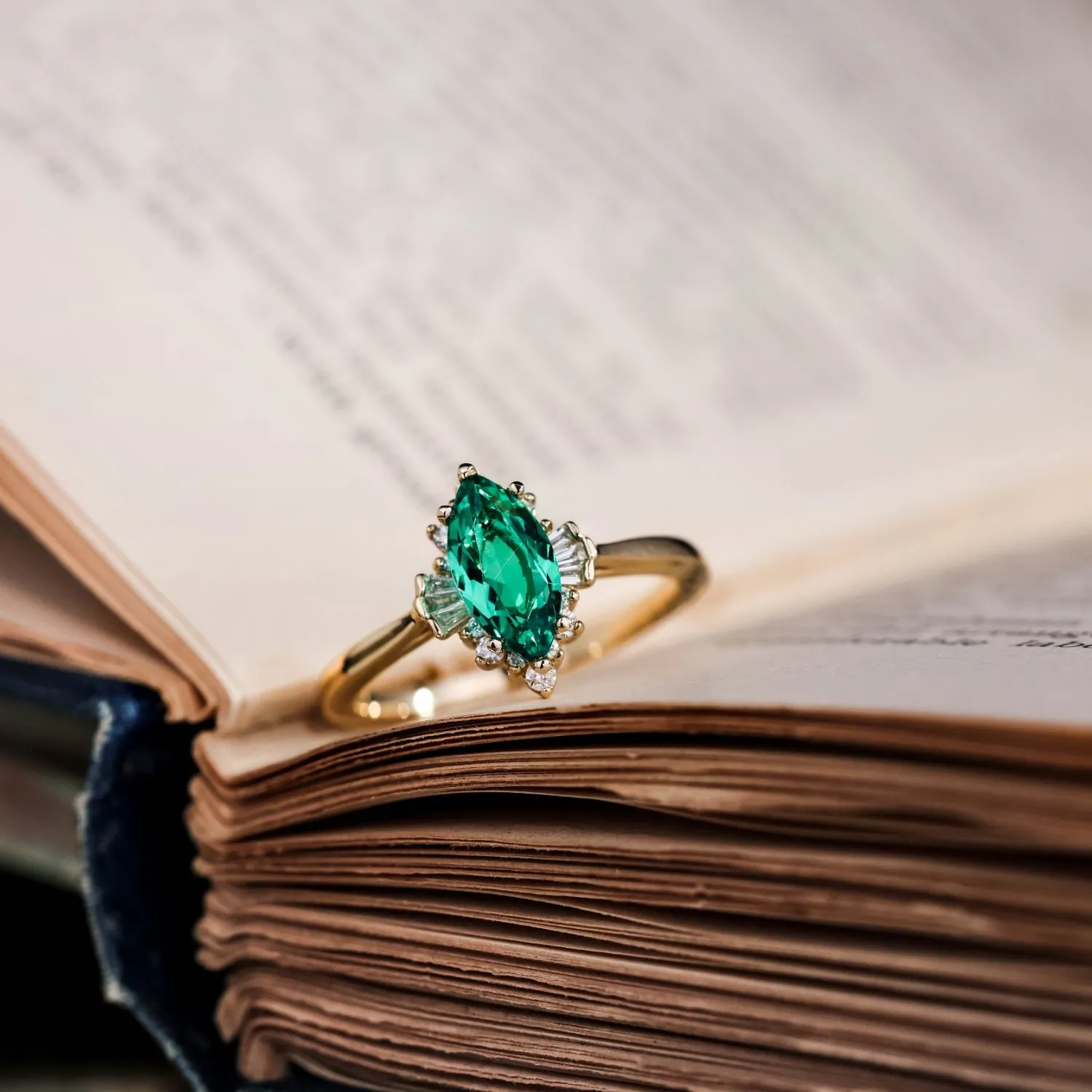 The Verdeline -  Green Emerald Marquise Engagement Ring with Natural Diamond Halo