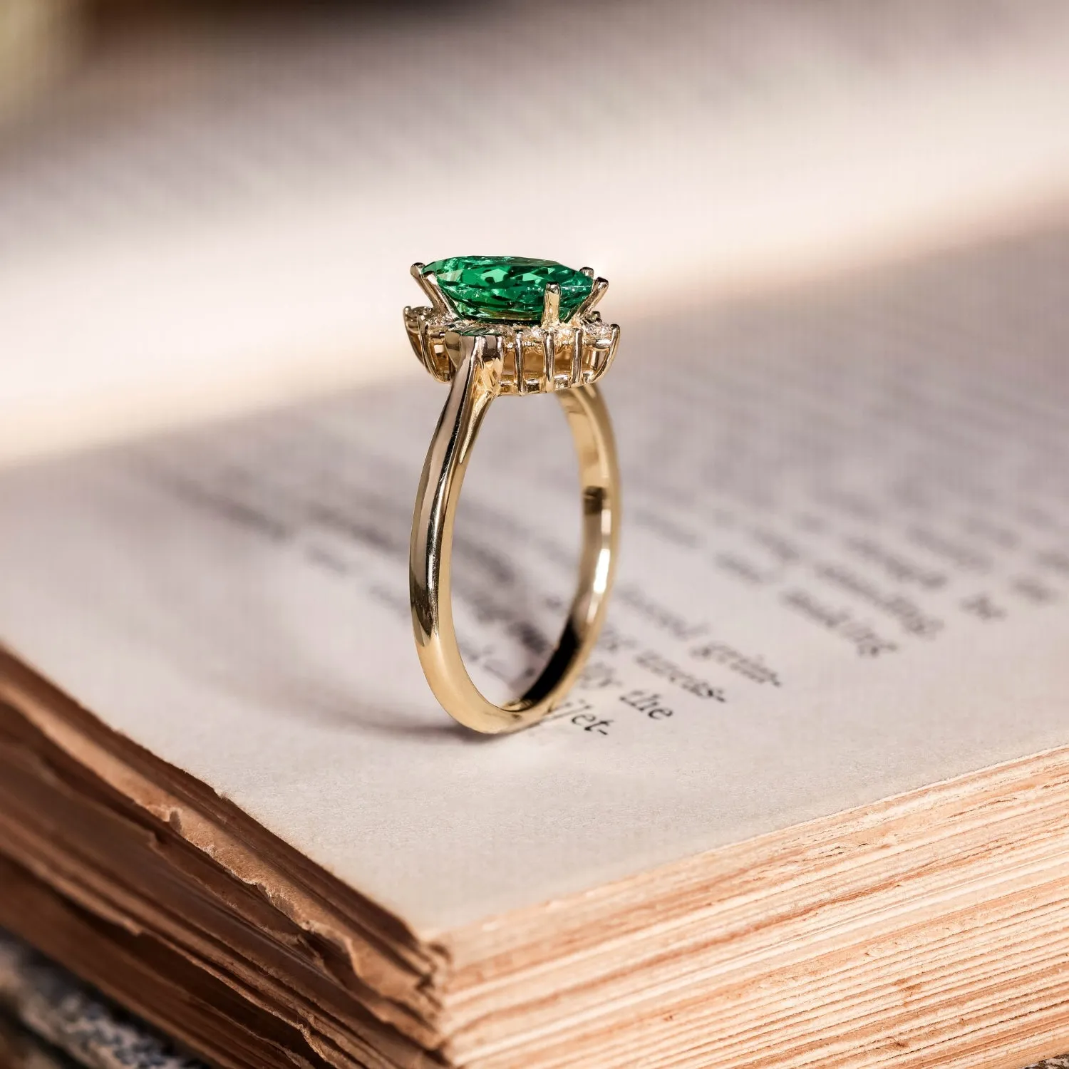 The Verdeline -  Green Emerald Marquise Engagement Ring with Natural Diamond Halo