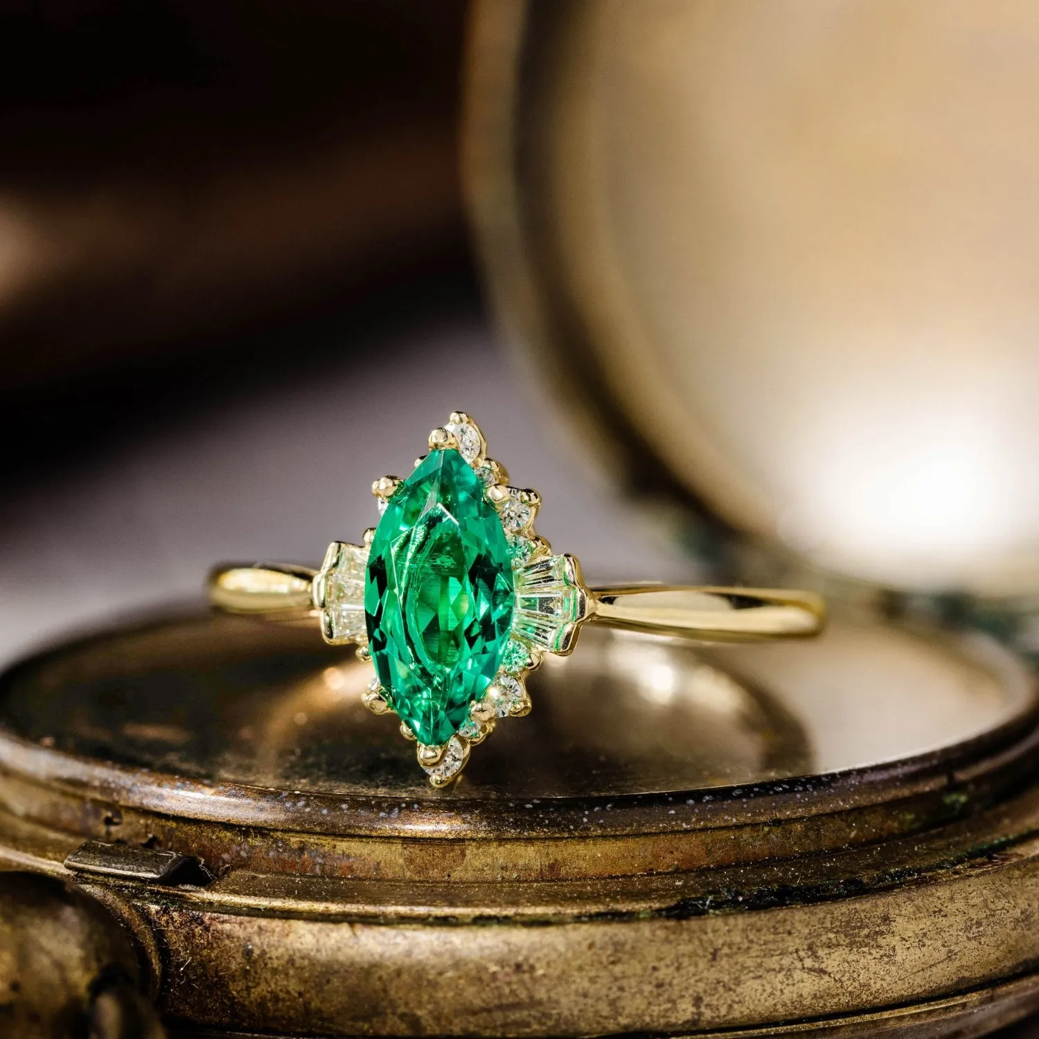 The Verdeline -  Green Emerald Marquise Engagement Ring with Natural Diamond Halo