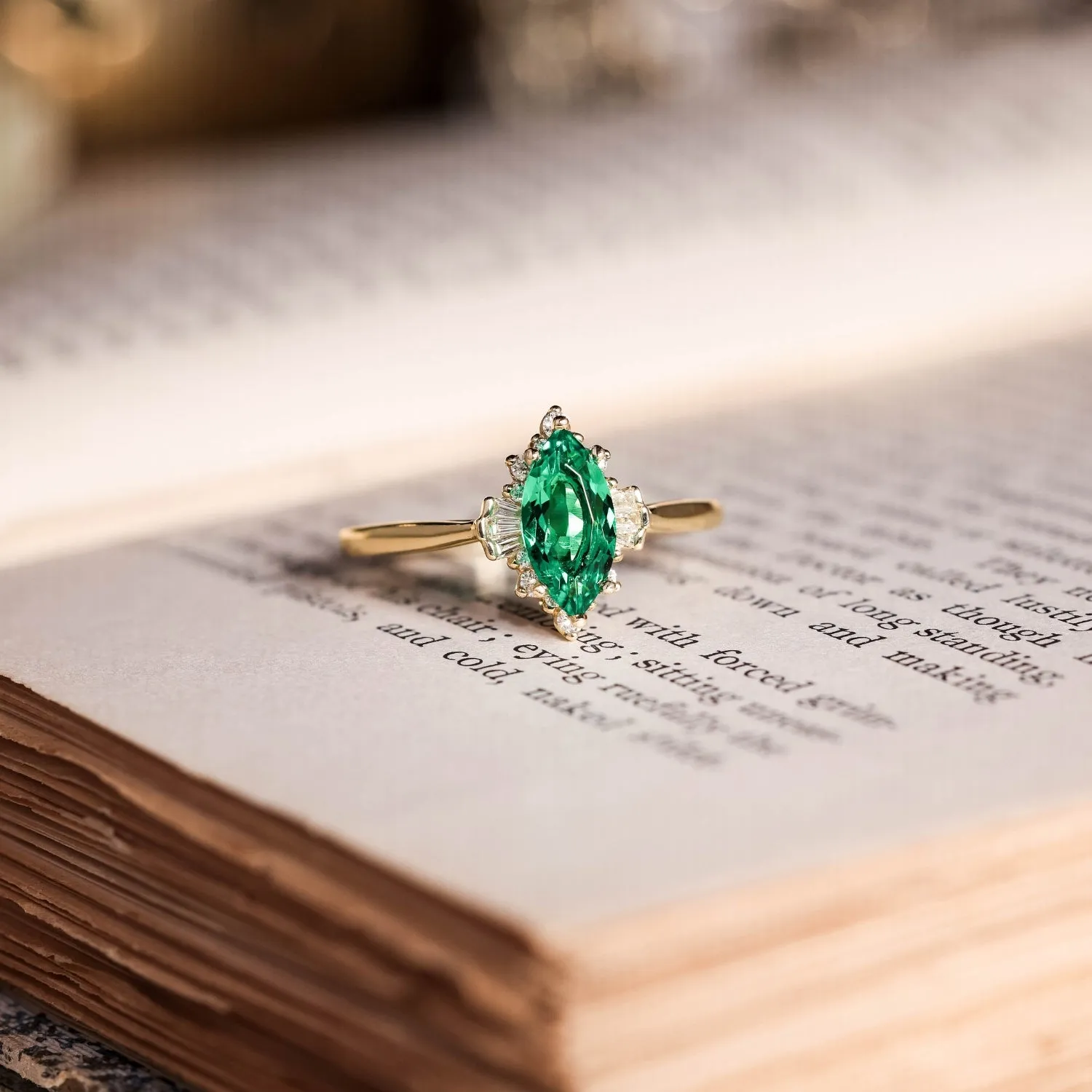 The Verdeline -  Green Emerald Marquise Engagement Ring with Natural Diamond Halo