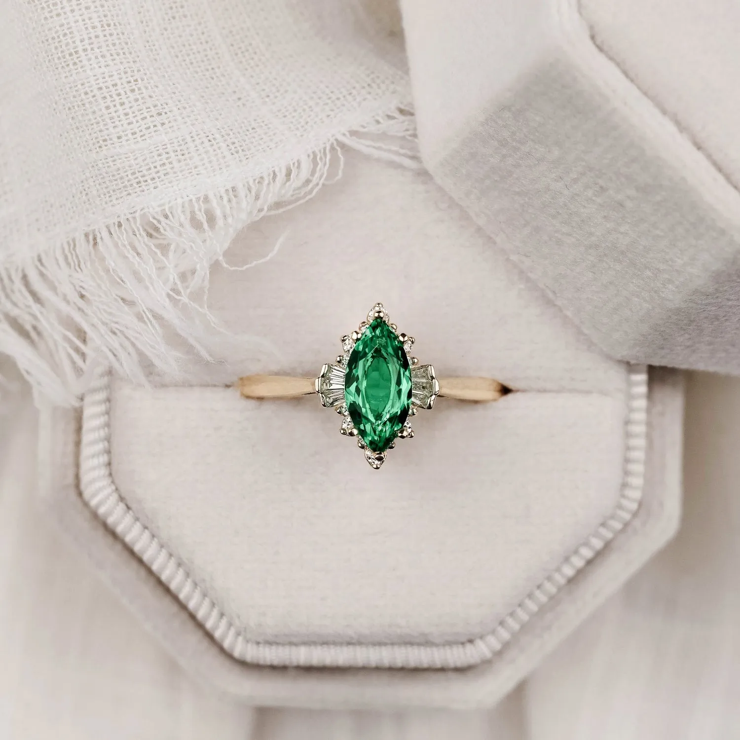 The Verdeline -  Green Emerald Marquise Engagement Ring with Natural Diamond Halo