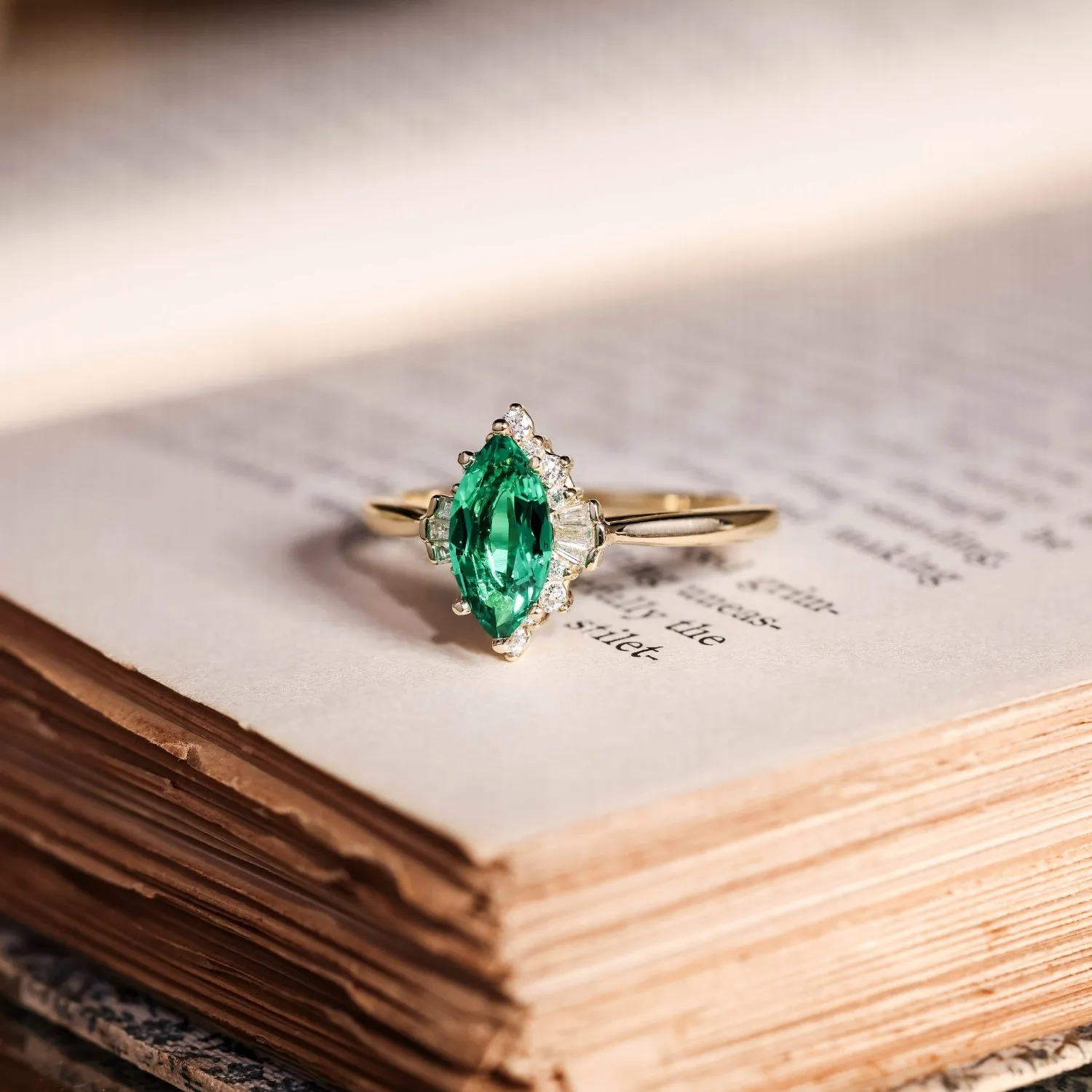 The Verdeline -  Green Emerald Marquise Engagement Ring with Natural Diamond Halo