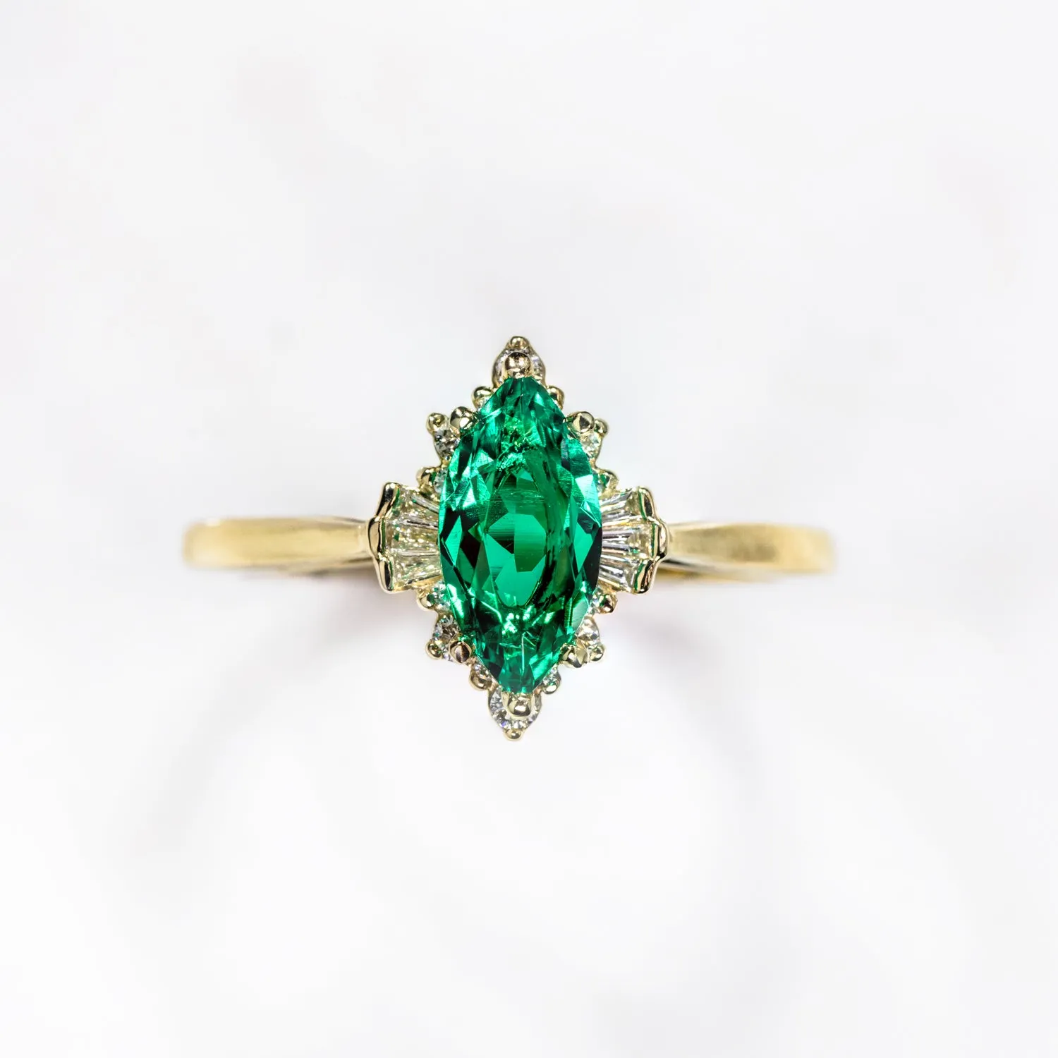The Verdeline -  Green Emerald Marquise Engagement Ring with Natural Diamond Halo